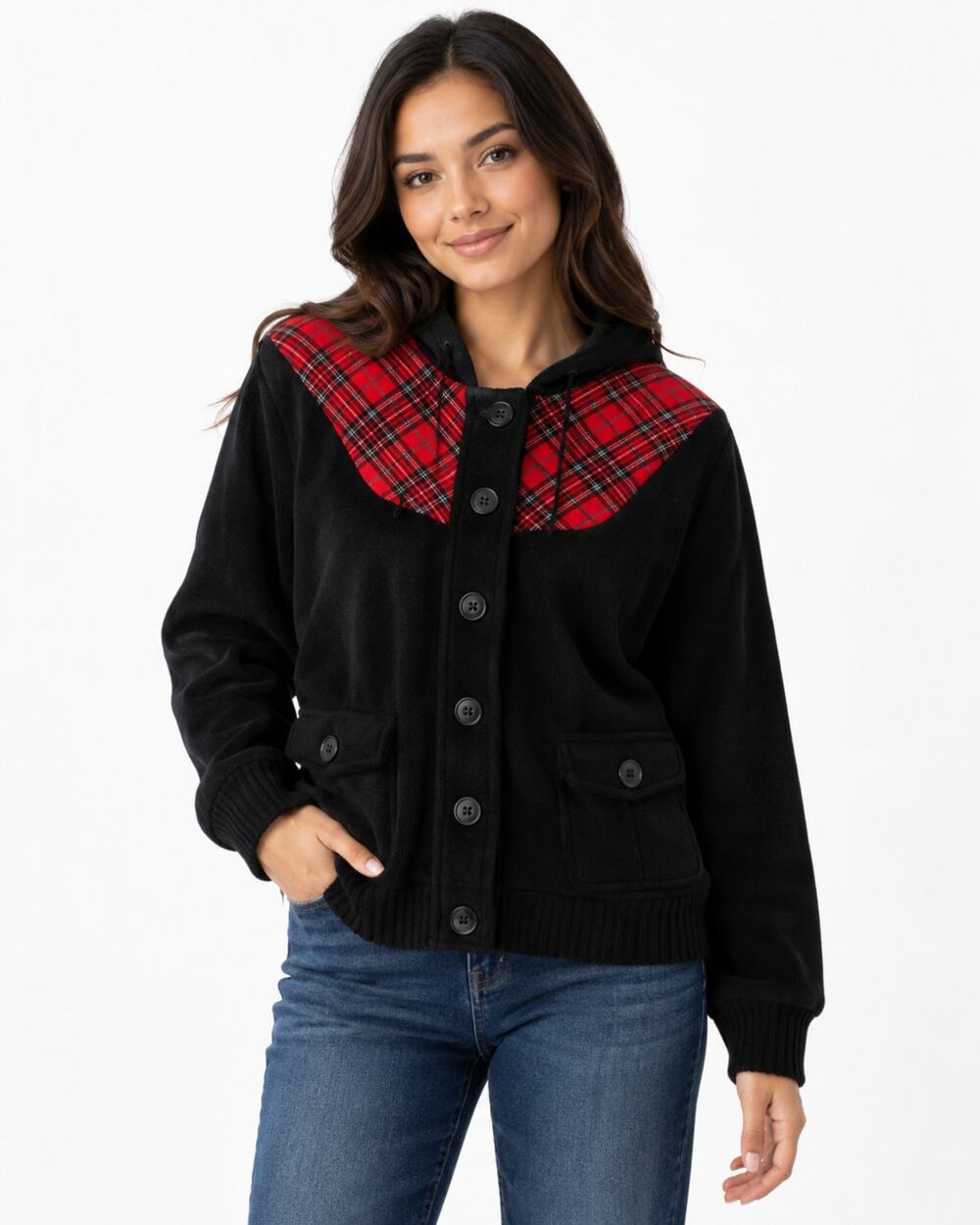 Threadz Juniors XL Black Red Plaid Hooded Button Jacket Punk Grunge EUC